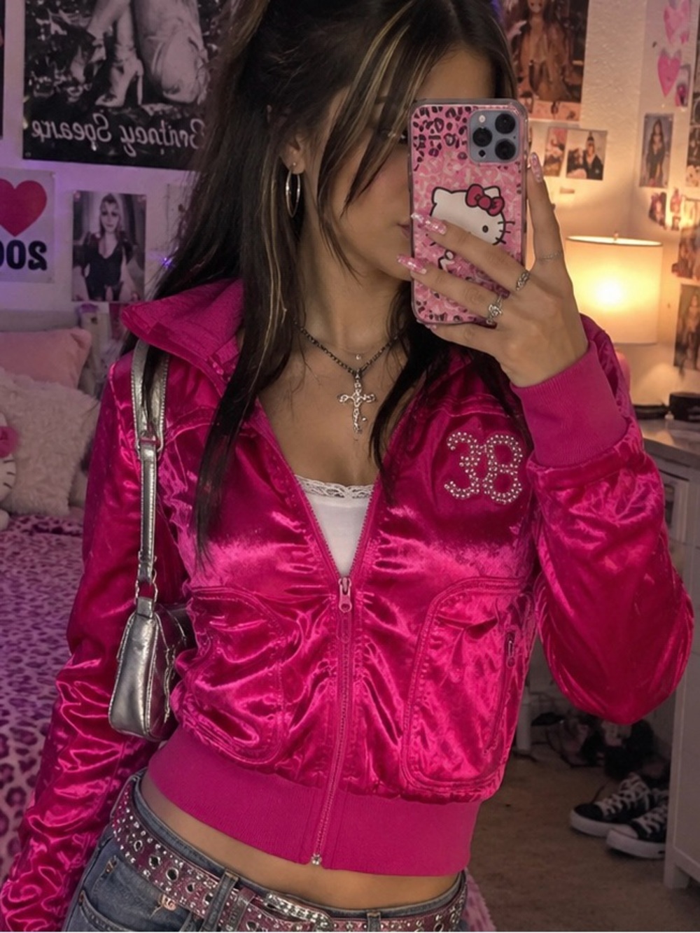 Y2K 2000s Hot Pink Satin Zip Jacket with rhinestone design love Lola